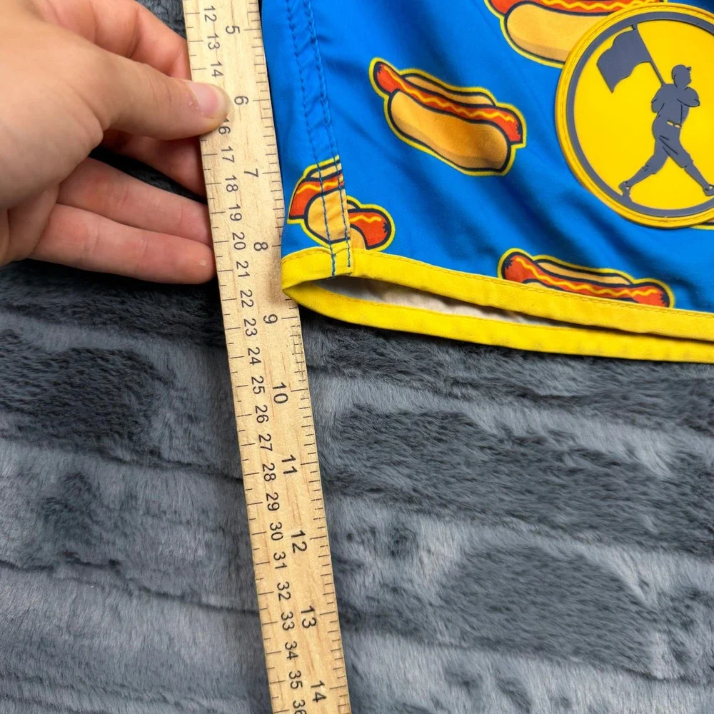 Baseballism Hot Dog Print Swim Trunks Mens Medium Blue Yellow Board Shorts